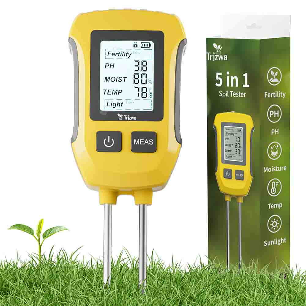 TRJZWA 5-in-1 Soil Moisture Meter, Fertility/PH/Soil Moisture/Temperature/Sunlight Intensity Soil pH Tester with Backlit LCD Display Plant Soil Test Kit for Gardens, Lawns, Yards and Farms